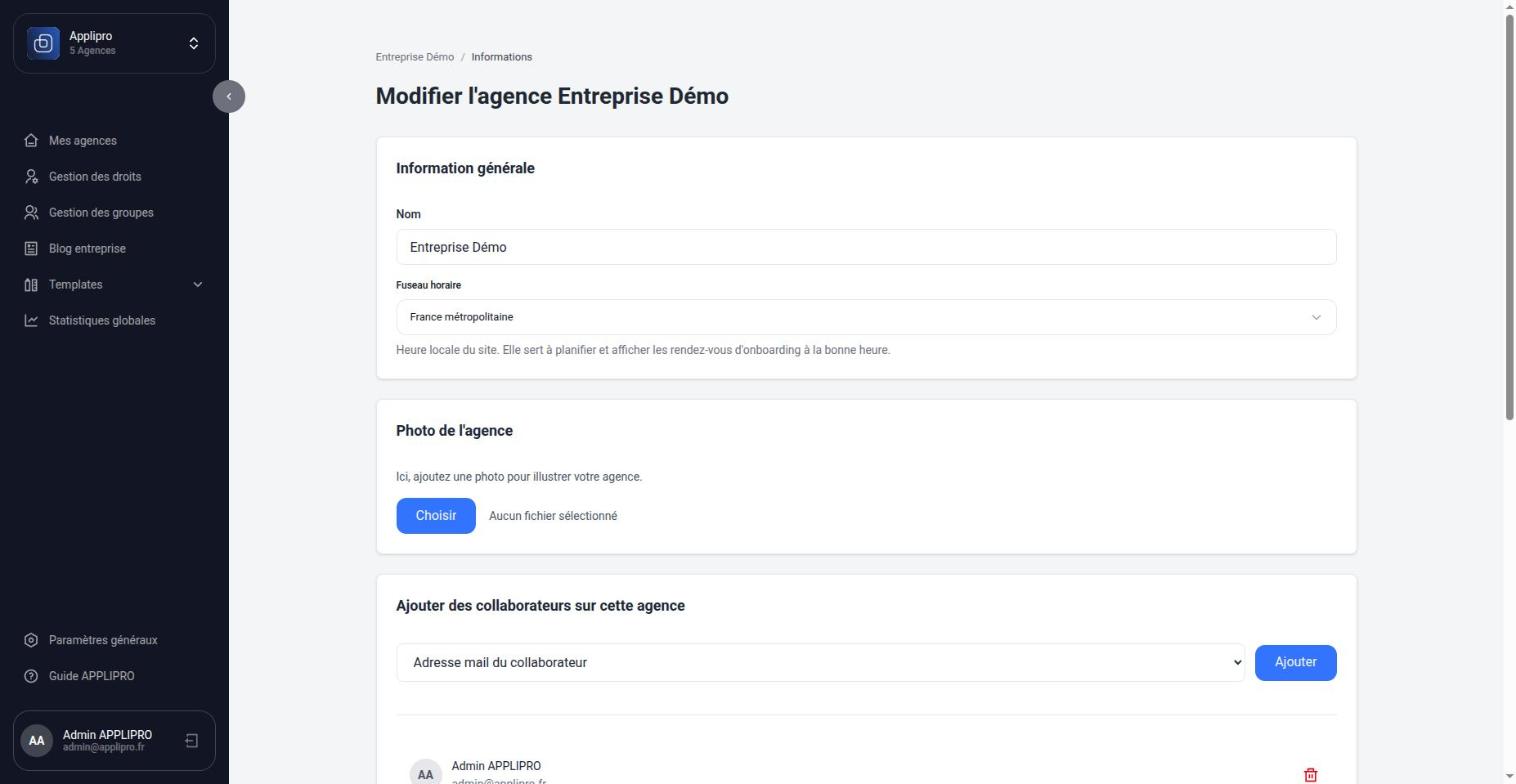 Page Modifier l’agence : nom, fuseau horaire, photo, membres