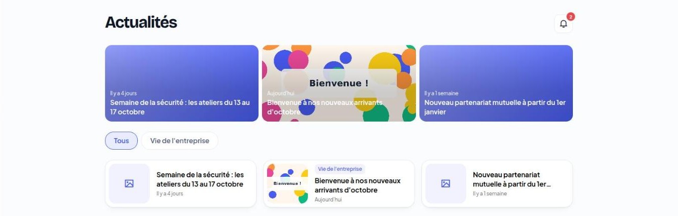 Onglet Actualités de l’application : carrousel, catégories et liste des articles