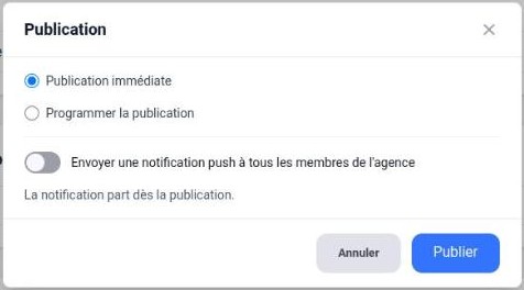 Fenêtre Publication : immédiate ou programmée, notification push