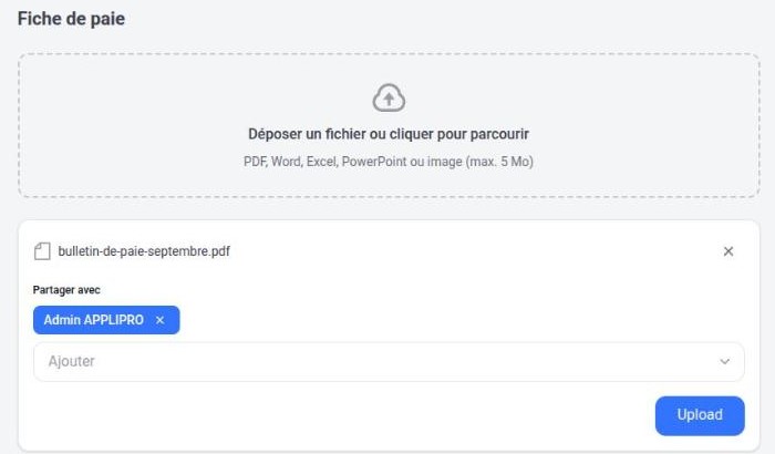 Dépôt d’un bulletin de paie, partagé avec un collaborateur