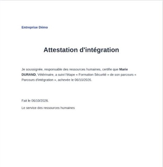 Aperçu PDF de l’attestation, avec des données fictives