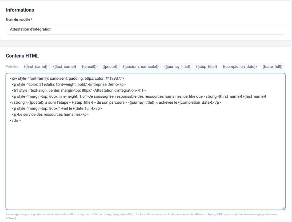 Éditeur d’un modèle de document : nom, variables et contenu HTML