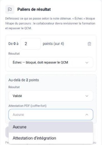 Palier de résultat d’un QCM avec le choix d’une attestation PDF