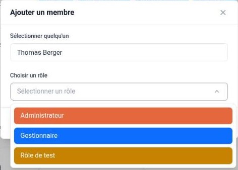 Fenêtre Ajouter un membre, avec la liste des rôles