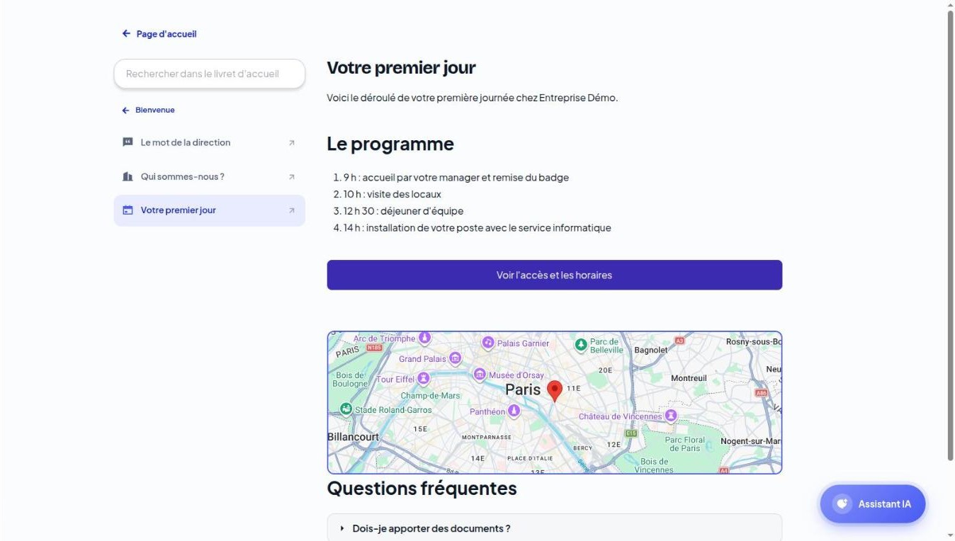 La même page dans l’application : liste, bouton, carte, questions fréquentes