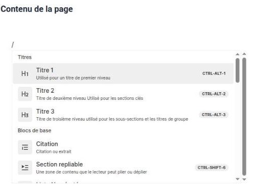 Menu des blocs, ouvert avec la touche barre oblique