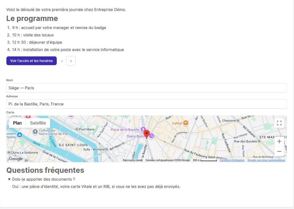 Une page complète dans l’éditeur : liste, bouton, adresse avec carte, section repliable