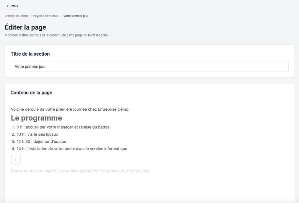 Page Éditer la page : titre de la page et contenu