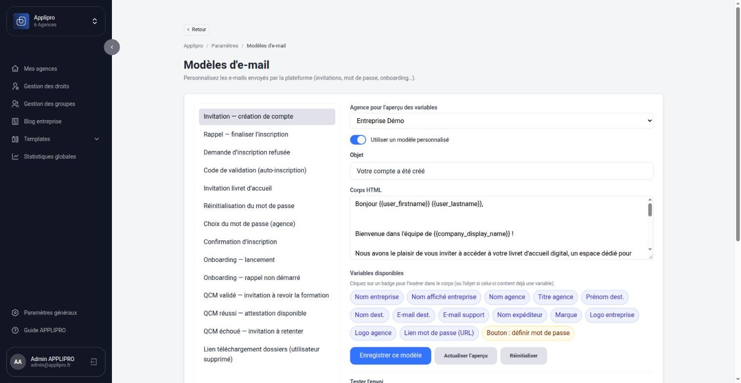 Édition d’un modèle d’e-mail : objet, corps et variables