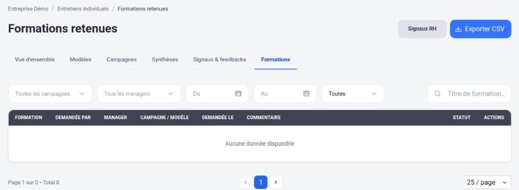 Écran Formations retenues : filtres, liste et export