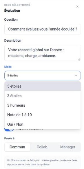 Réglages d’un bloc Évaluation : question, description, mode de notation