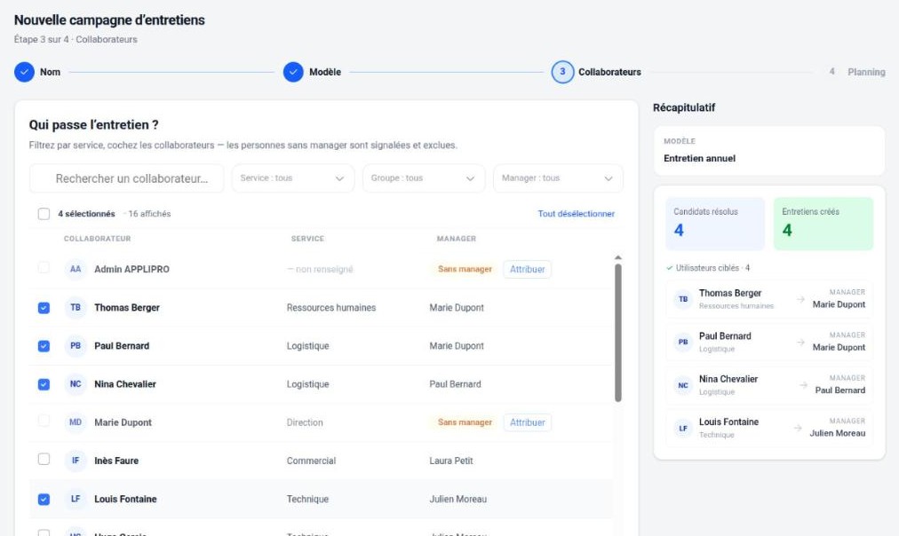 Étape 3 : choix des collaborateurs, avec leur manager et le récapitulatif