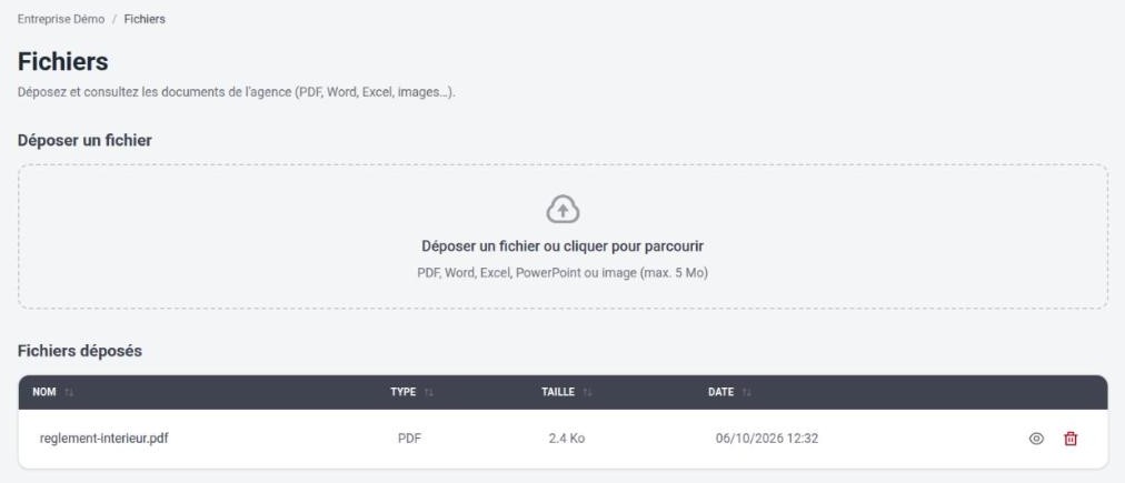 Page Fichiers d’une agence : zone de dépôt et fichiers déposés