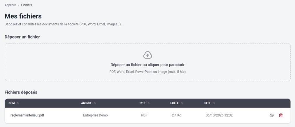 Page Mes fichiers au niveau de l’entreprise, avec la colonne Agence