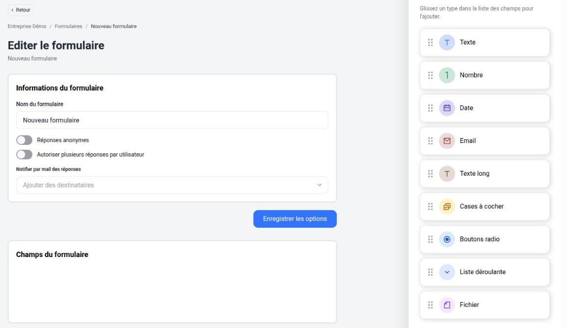 Éditeur de formulaire : informations et types de champs