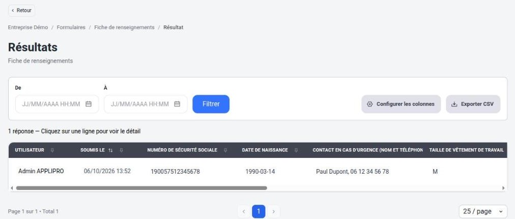 Résultats d’un formulaire : filtre par date, colonnes, export CSV