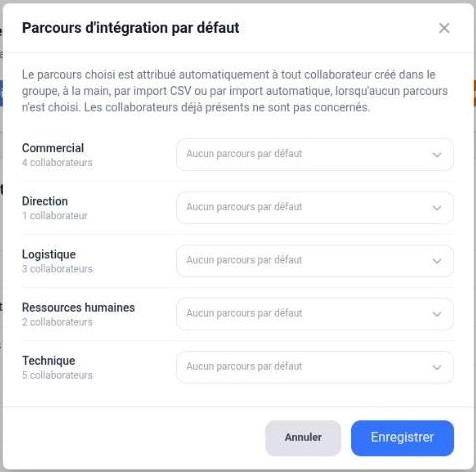 Fenêtre Parcours d’intégration par défaut, un sélecteur par groupe
