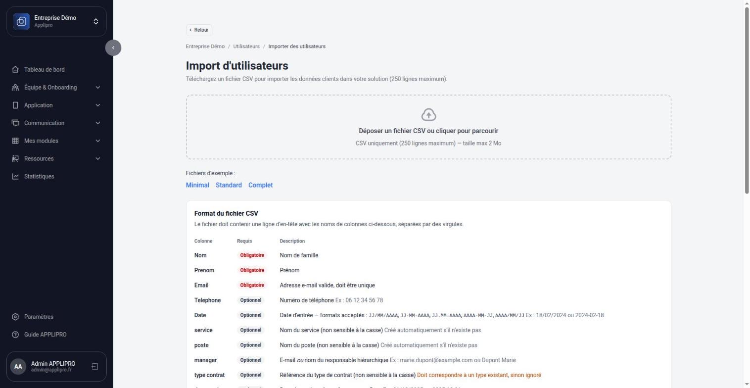 Page d’import : zone de dépôt, fichiers d’exemple et format attendu