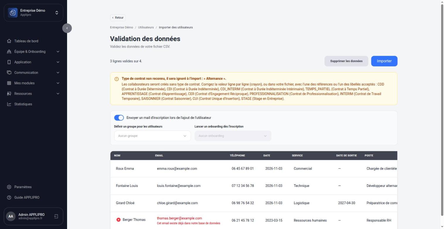 Validation des données : un avertissement de type de contrat et une ligne en erreur