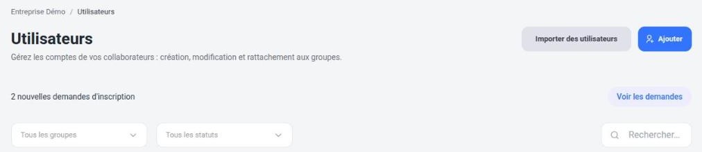 Bandeau des nouvelles demandes d’inscription en haut de la liste des utilisateurs