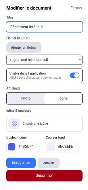 Panneau Modifier le document, avec le fichier PDF lié