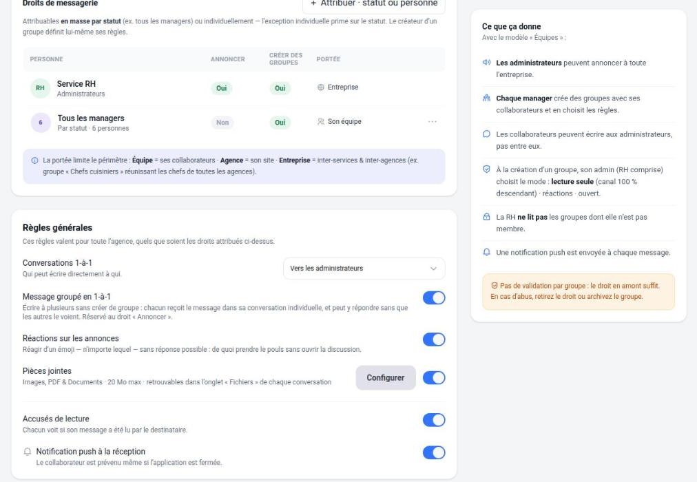 Droits de messagerie et règles générales