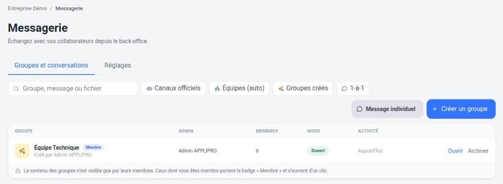 Liste des groupes et conversations