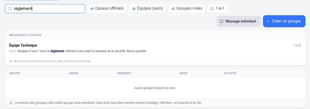 Résultat de recherche dans les messages