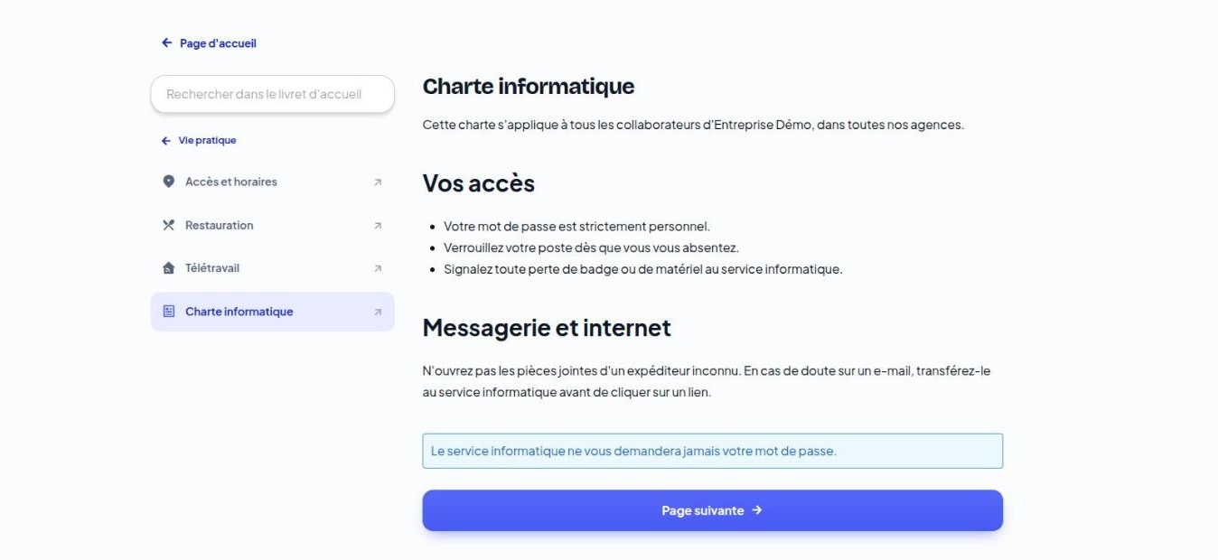 La page Charte informatique, issue d’un modèle, dans l’application