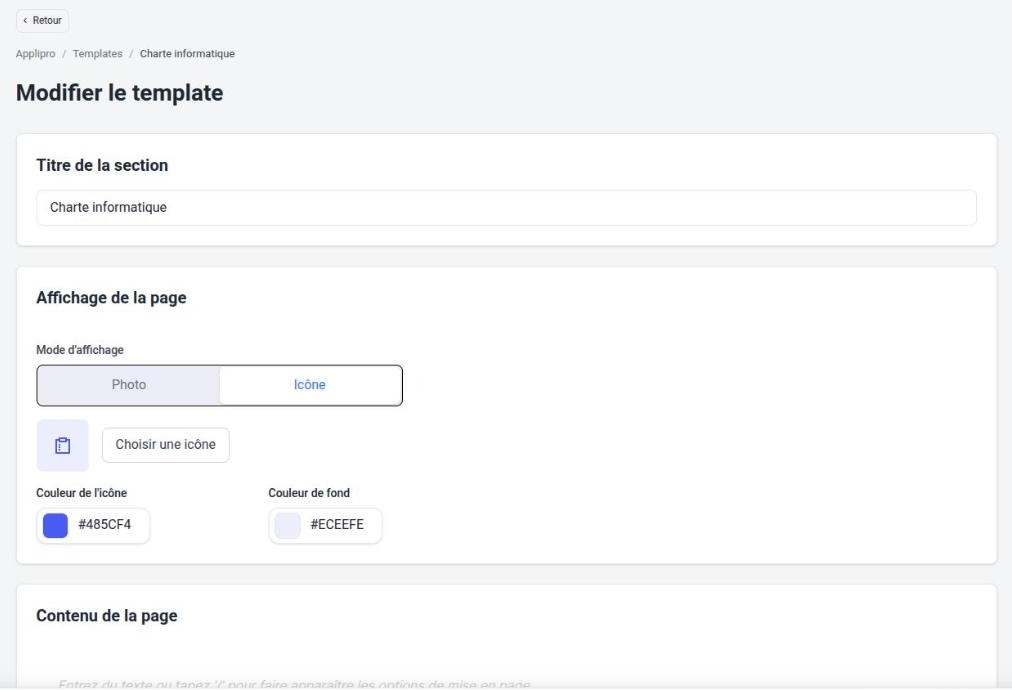 Page Modifier le template : titre, affichage, contenu