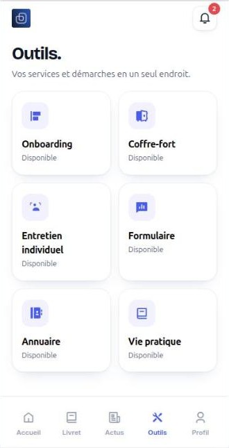 L’onglet Outils de l’application sur téléphone