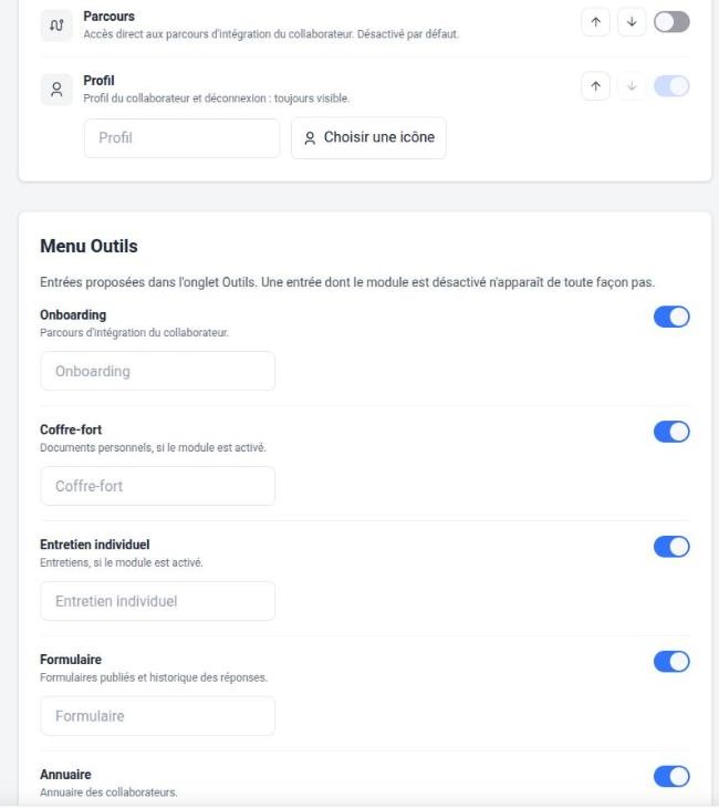 Entrées du menu Outils : Onboarding, Coffre-fort, Entretien individuel, Formulaire, Annuaire