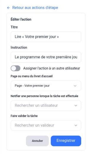 Panneau d’une action Page interne