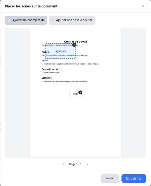 Placement d’une zone de signature et d’un champ texte sur le document