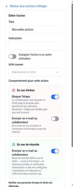 Panneau d’une action Passer un QCM avec les options en cas d’échec et de réussite