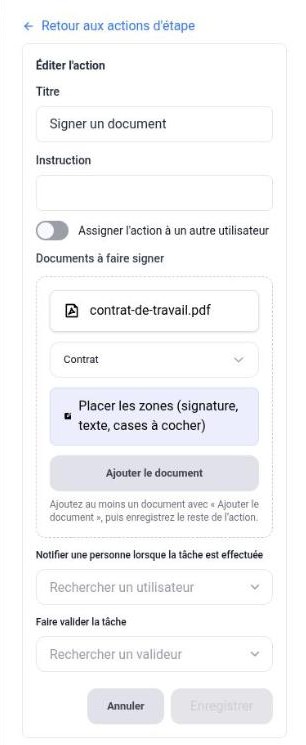 Panneau d’une action Signer un document : fichier, dossier du coffre-fort, placement des zones