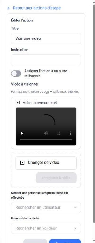 Panneau d’une action Voir une vidéo, avec l’aperçu de la vidéo envoyée