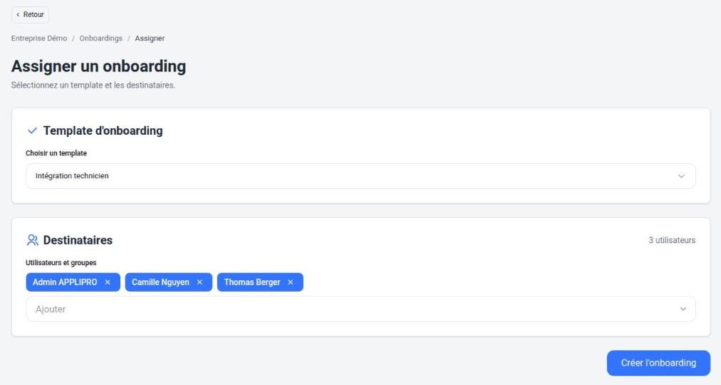 Assigner un onboarding : choix du modèle et de trois destinataires