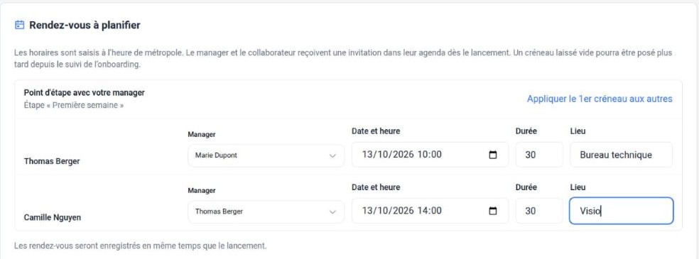 Rendez-vous planifiés : manager, date et heure, durée, lieu pour chaque collaborateur