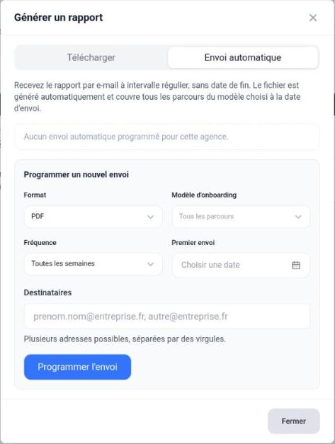 Onglet Envoi automatique : format, modèle, fréquence, premier envoi, destinataires