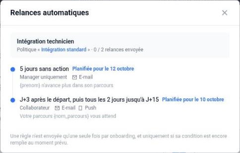 Fenêtre Relances automatiques d’un parcours : politique et relances planifiées