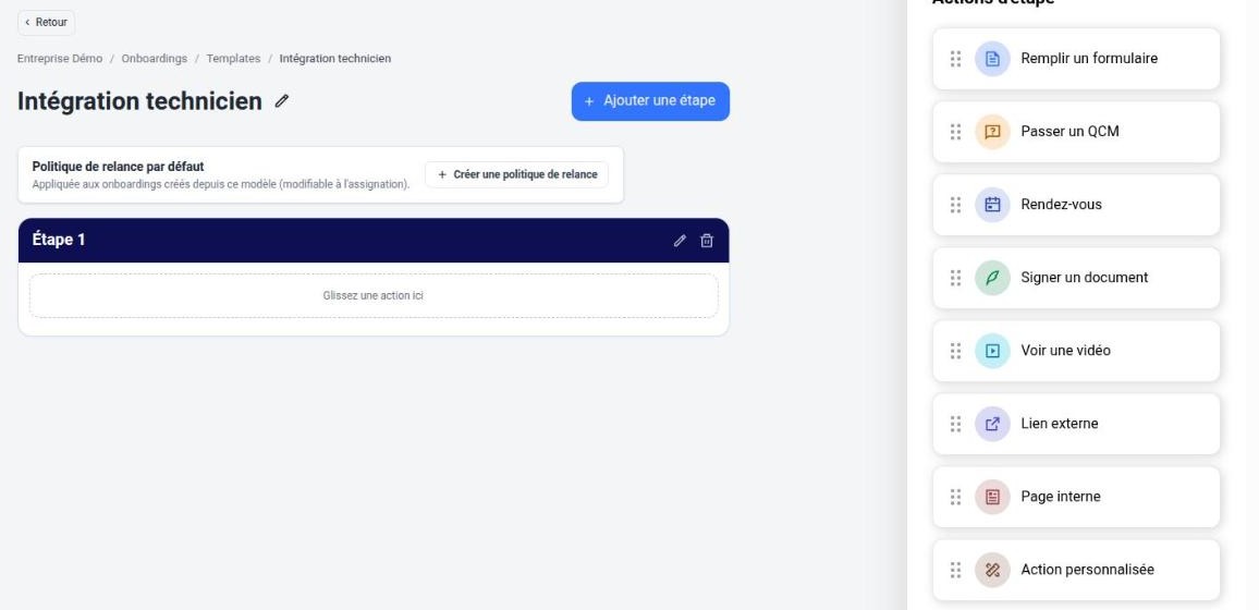 Éditeur d’onboarding vide, avec la palette des actions à droite