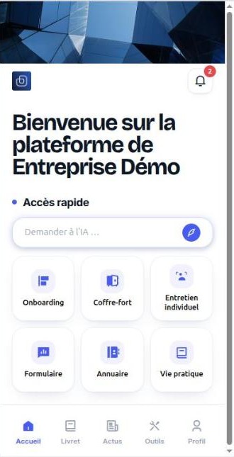 La page d’accueil de l’application sur téléphone