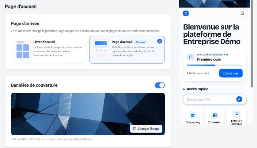 Choix de la page d’arrivée et bannière de couverture