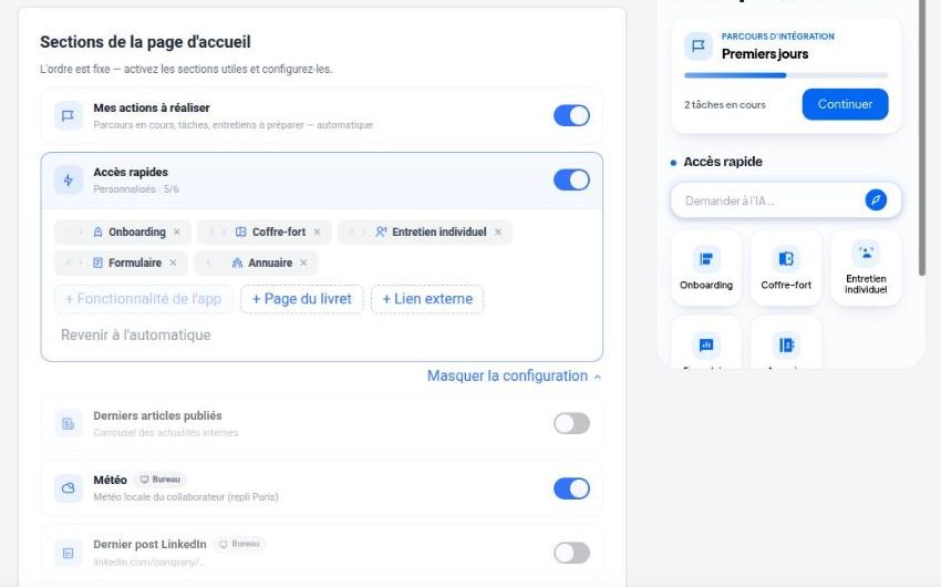 Sections de la page d’accueil et configuration des accès rapides