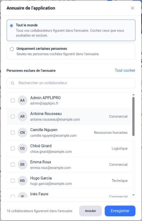 Fenêtre Annuaire de l’application : tout le monde ou certaines personnes