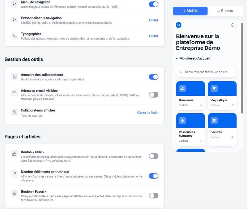 Gestion des outils et options des pages et articles