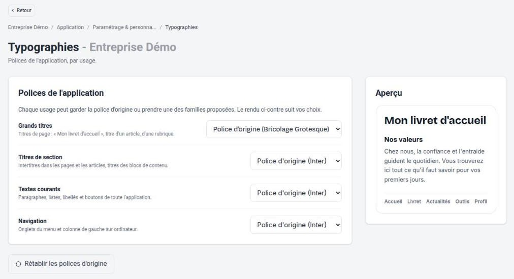 Page Typographies : quatre usages, une police chacun, et l’aperçu
