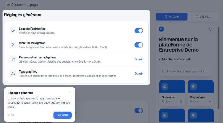 Réglages généraux, visite guidée et aperçu mobile de l’application