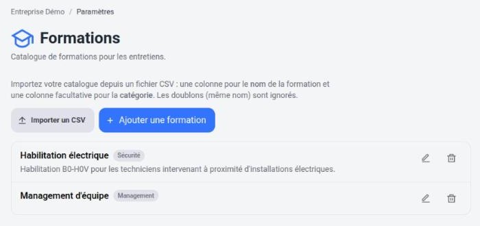 Catalogue de formations : deux formations avec leur catégorie